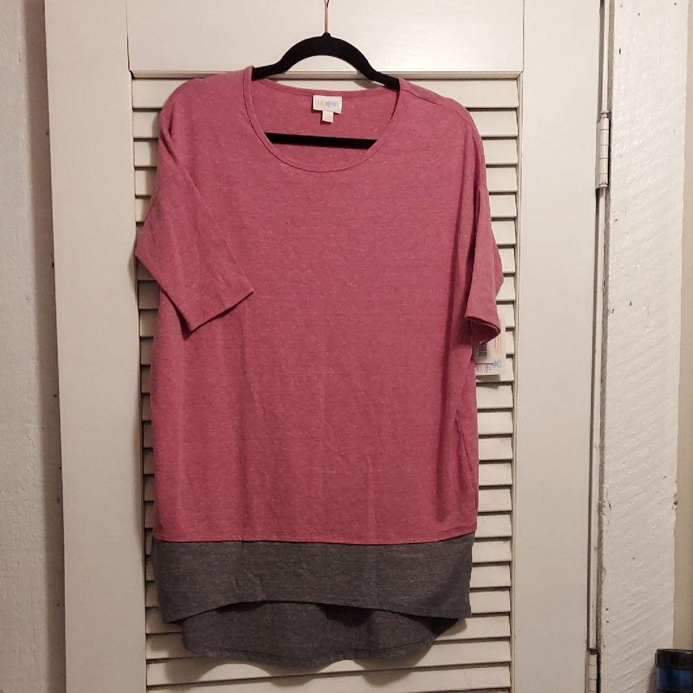 LuLaRoe Irma Pink/gray Boxy High/low, Drop Sleeve T-Shirt
